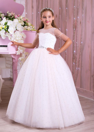 White Pearls Tulle Buttons Back Long Flower Girl Dress